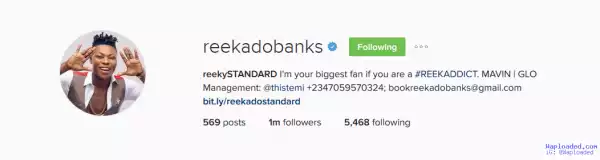 Reekado Banks Hits 1Million Instagram Followers
